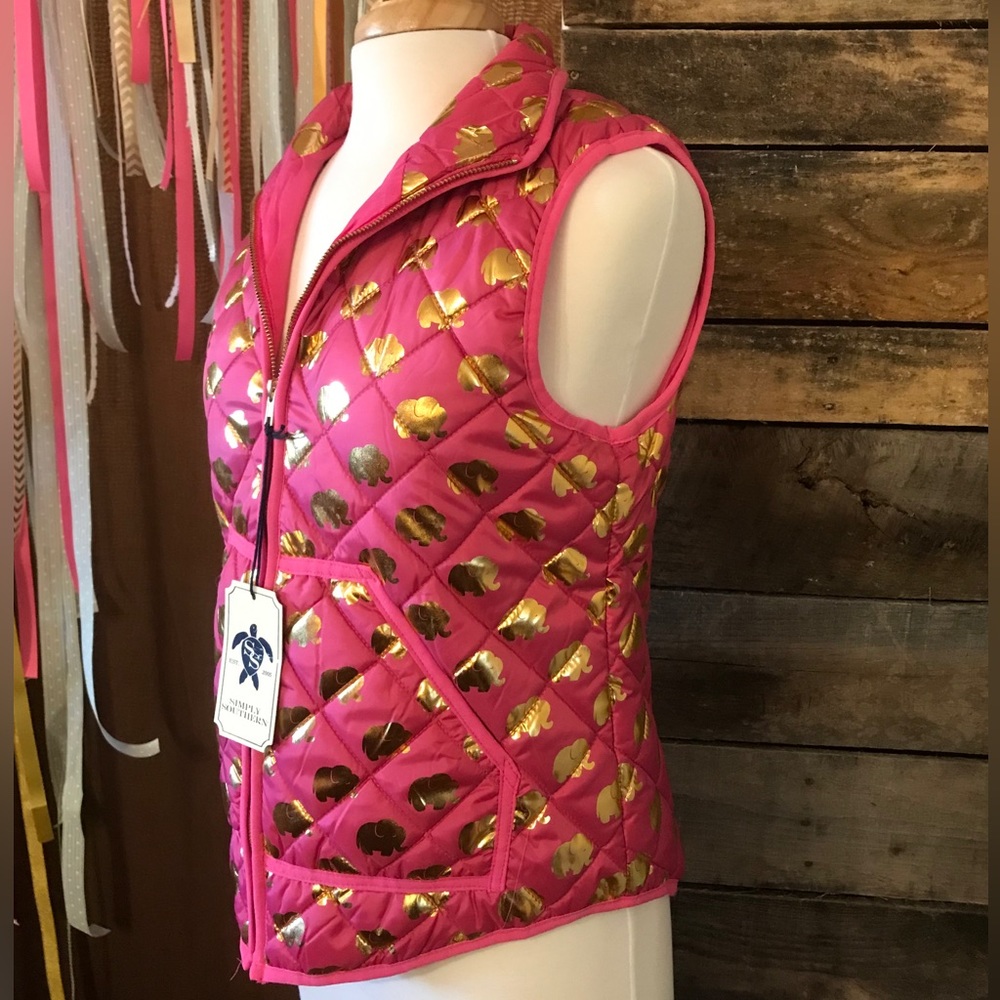 Simply Southern Pink Puffer Vest With Gold Elephants NWT